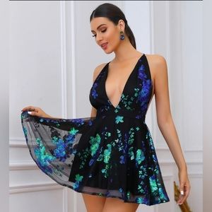 LOVE&LEMONADE Sequin Applique, Plunge Neck, Crisscross Back, Tulle Mini Dress